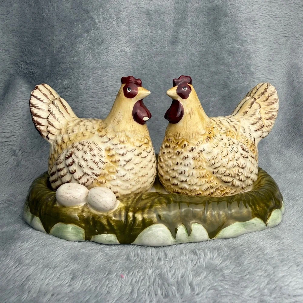 Vintage Ceramic Chicken Salt and Pepper Shakers Set with Nest Base Tray